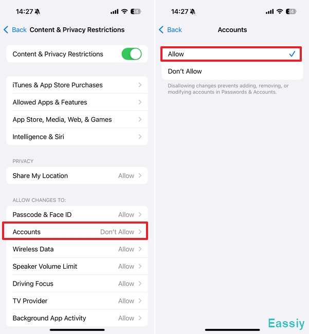 Tap Account Changes > select Allow