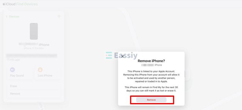 click Remove | Turn Off Find My iPhone from Computer