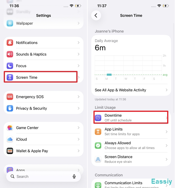 Go to Settings > Screen Time > Downtime