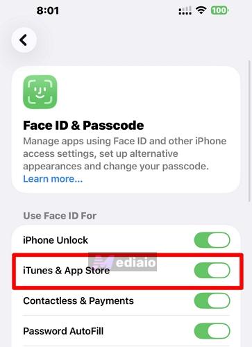 toggle on iTunes & App Store | Download Apps with Face ID