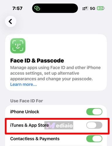 toggle off iTunes & App Store | Download Apps with Face ID