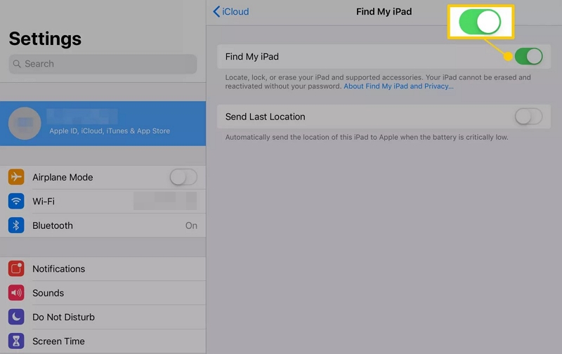 toggle off Find My iPad | Factory Reset iPad Without Apple ID Password