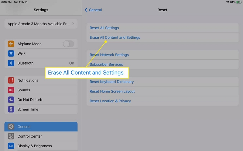 tap Erase All Content and Settings | Factory Reset iPad Without Apple ID Password