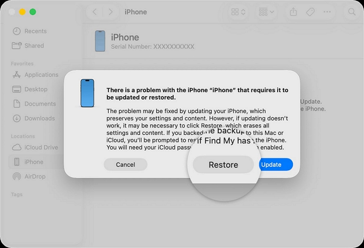 select Restore | Factory Reset iPhone with Buttons