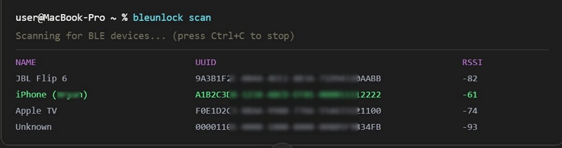 run bleunlock scan in Terminal | Unlock Mac with iPhone