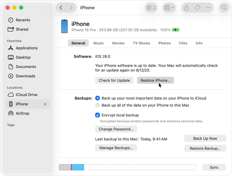 Restore iPhone using iTunes or Finder on a Trusted Computer