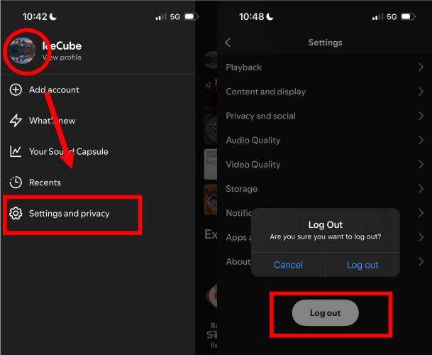 tap Log out | Spotify Not Showing on Lock Screen