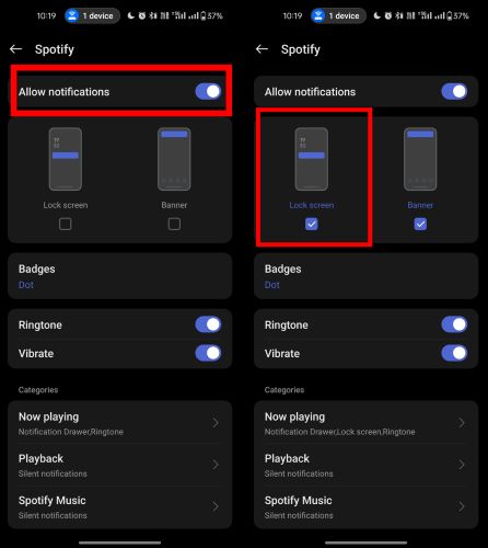 enable Allow notifications | Spotify Not Showing on Lock Screen