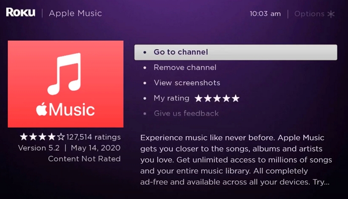 select Go to channel | Play Apple Music on Roku