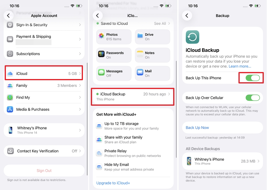 Toggle iCloud Backup