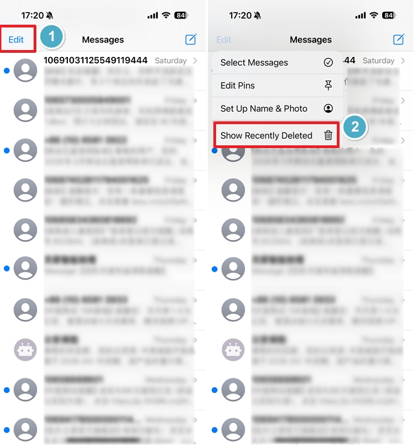 Recently Deleted folder in the Messages app
