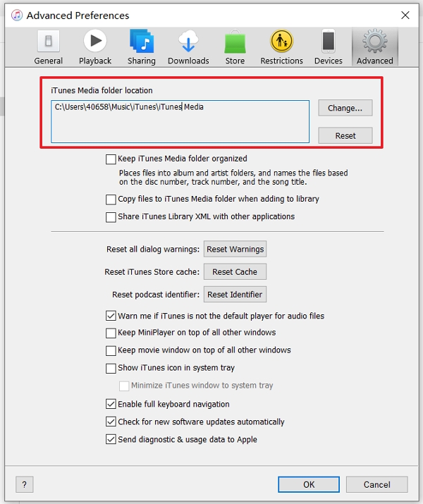iTunes Media folder location