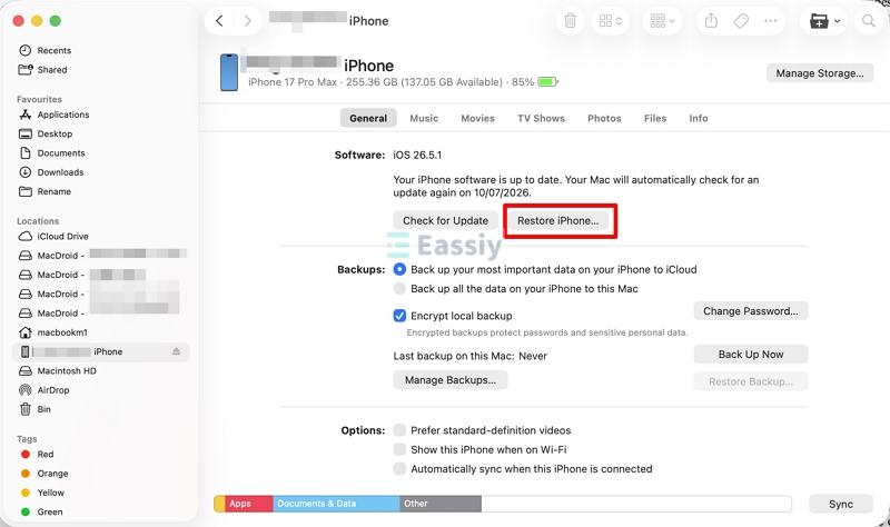 choose Restore iPhone | Turn Off Screen Distance Without Passcode