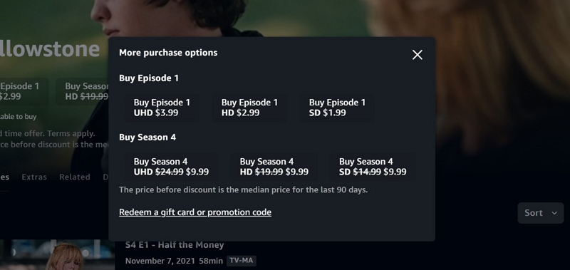 individual episodes | can i watch season 4 of yellowstone on amazon prime