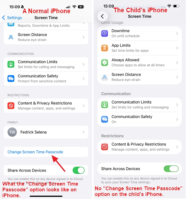 the Change Screen Time Passcode option will not appear on the restricted device