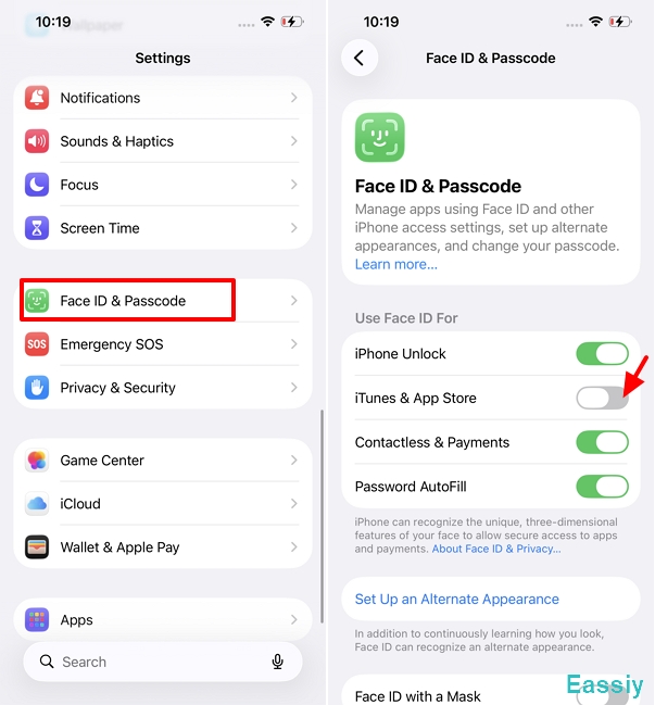 toggle OFF the switch for iTunes & App Store
