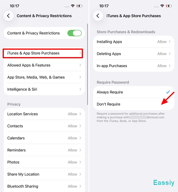 Don’t Require passcode for iTunes & App Store Purchases