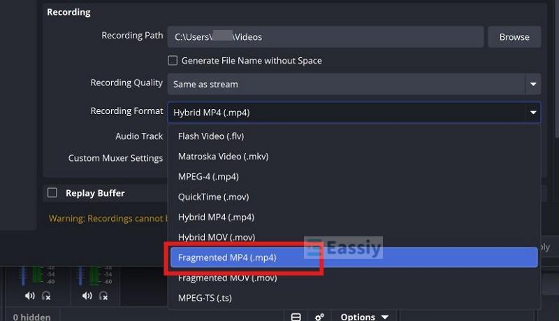 choose Fragmented MP4 | Where Does OBS Save Recordings