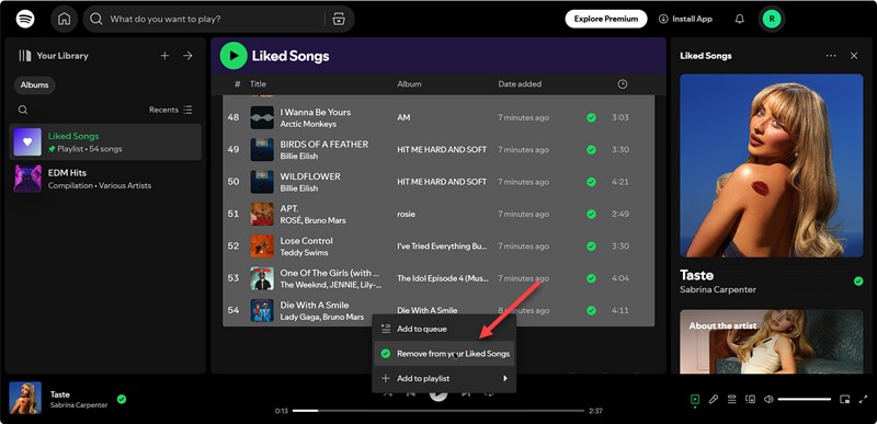 choose Remove from your Liked Songs | Remove All Liked Songs Spotify
