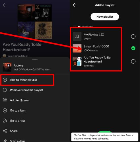 Add to Playlist screen | Remove Spotify Playlist Limit