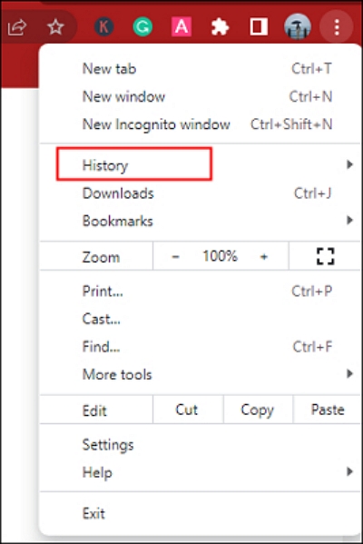 browser menu to locate History | how to watch deleted YouTube videos
