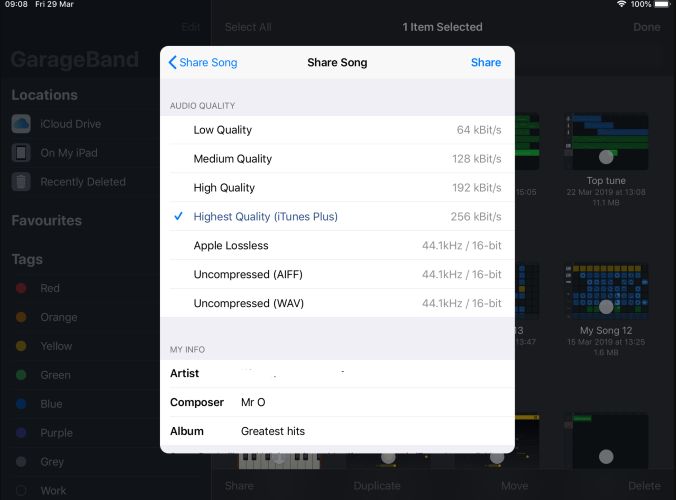 choose audio quality | Save GarageBand Files as MP3
