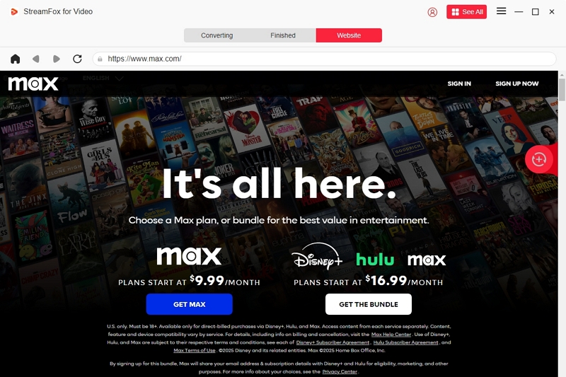 StreamFox integrated browser | hbomax/tv sign in