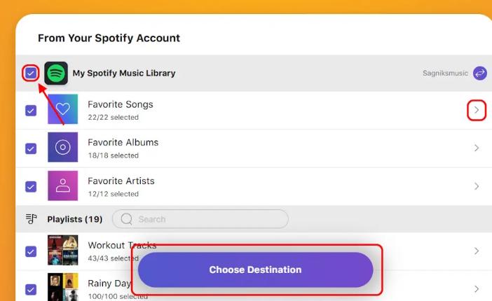 click Choose Destination | Transfer Spotify Playlists to Tidal