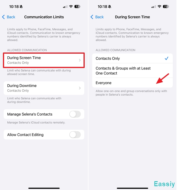 Change During Screen Time and During Downtime to Everyone