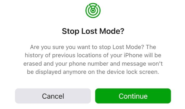 click Continue | Turn Off Lost Mode on iPhone