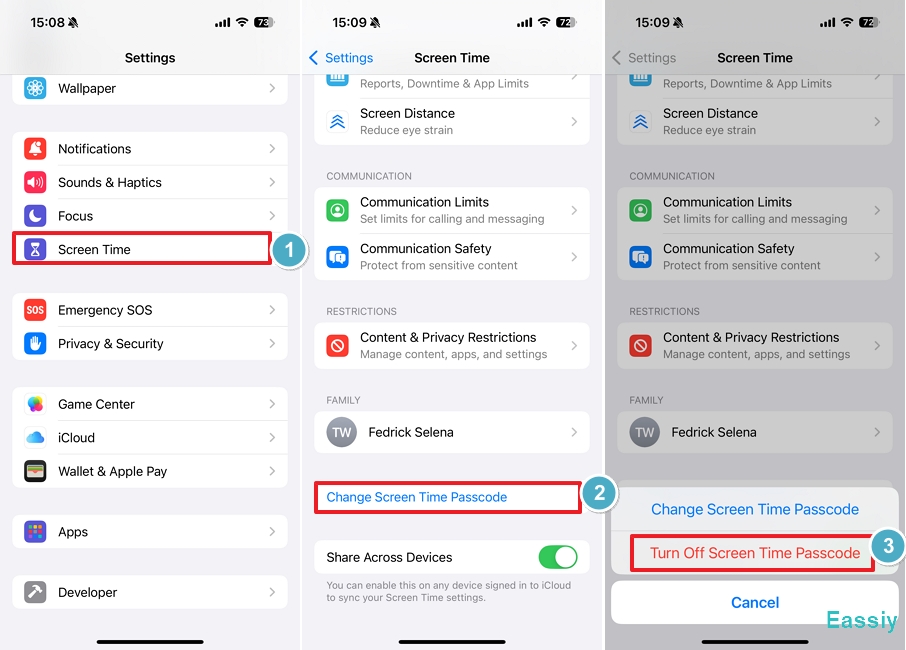 Turn Off Screen Time Passcode from the pop-up men