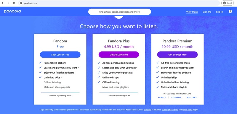 click Get 60 Days Free | Make a Playlist on Pandora
