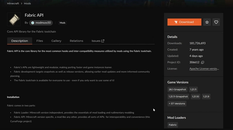 Fabric API | Minecraft Recording Mods