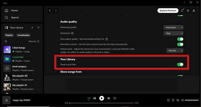 turn on Show Local Files | Add Songs to Spotify Playlists