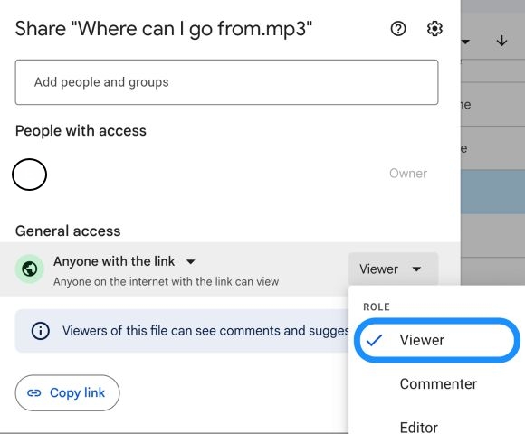 set permission level to Viewer | Add YouTube Music to Google Slides
