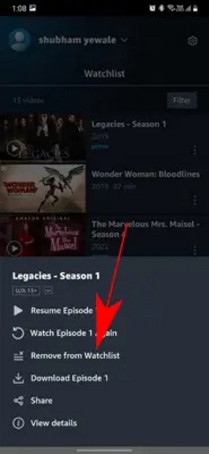 remove from watchlist | Amazon Prime Video watch history