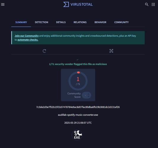 VirusTotal test | AudiFab Spotify Music Converter