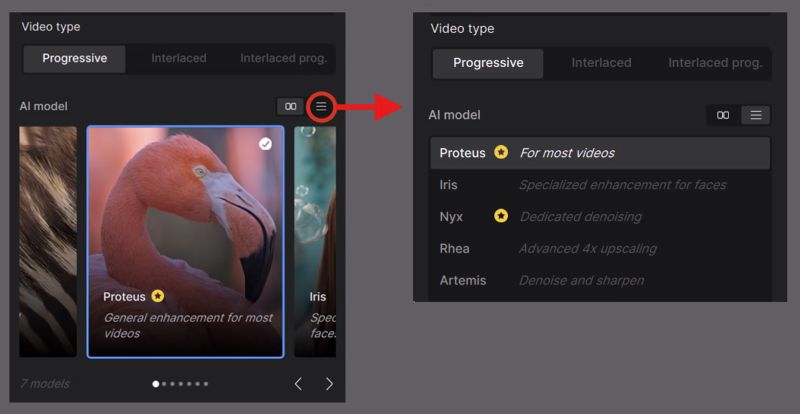 AI model options | Video Enhancement Software