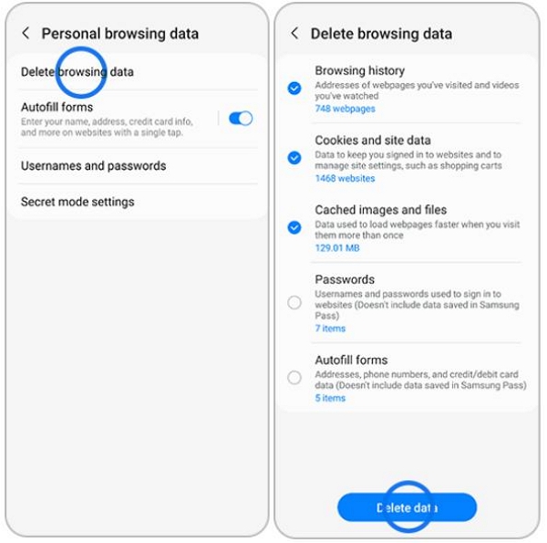 delete browsing data | recover deleted samsung internet browser history