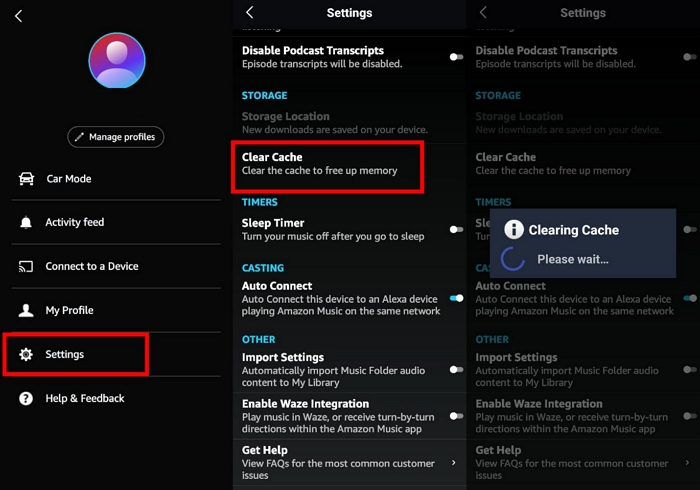 tap Clear Cache | Turn off Shuffle on Amazon Music