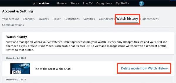 delete movie from Watch History | Amazon Prime Video watch history