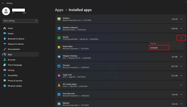 click Uninstall | Crossfade Songs on Spotify