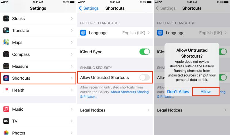 toggle on Allow Untrusted Shortcuts | Download Spotify Playlists