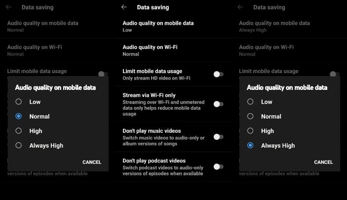 switch to Always High | YouTube Music Sound Quality