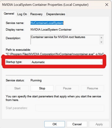 Startup type | GeForce Experience Error Code 0x0003