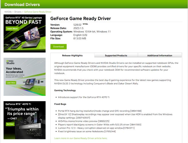 click Download | GeForce Experience Error Code 0x0003