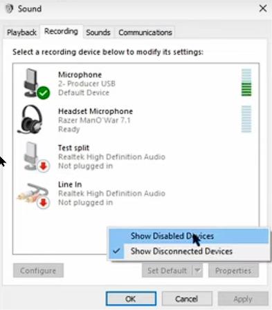 select Show Disabled Devices | Play Music Through Mic