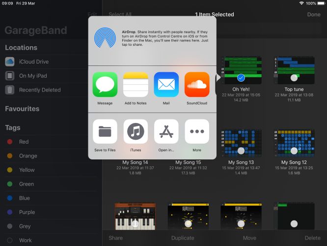 choose Save to Files | Save GarageBand Files as MP3