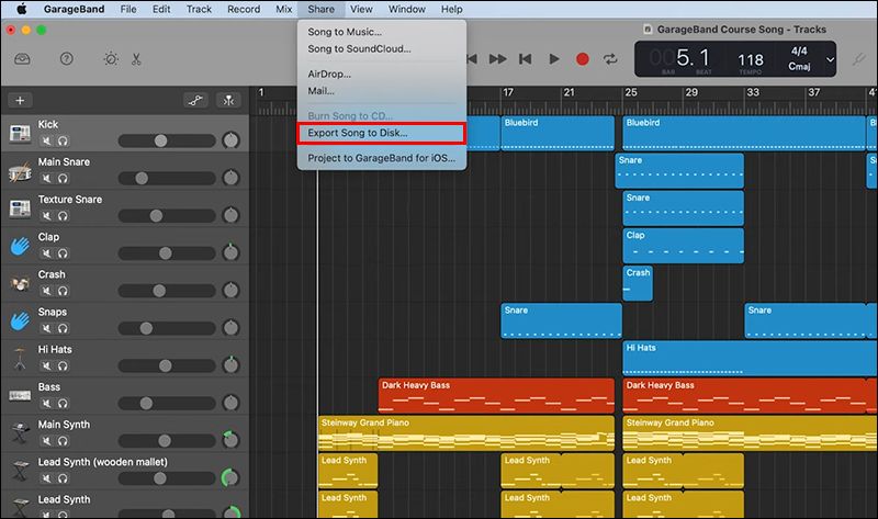 choose Export Song to Disk | Save GarageBand Files as MP3