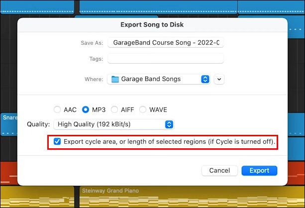 checke Export cycle area | Save GarageBand Files as MP3